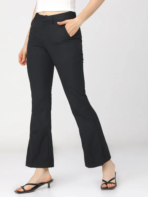 Tokyo Talkies Women Black Solid Straight Fit Casual Trouser
