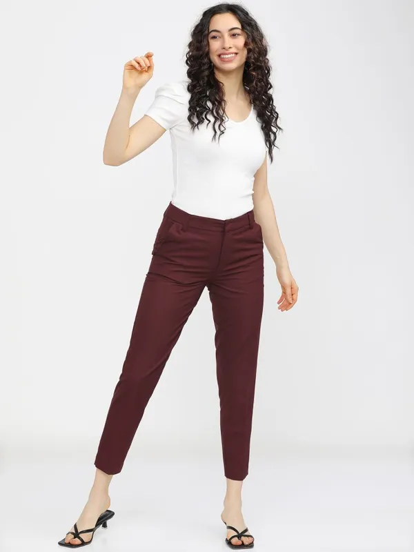 Tokyo Talkies Women Burgundy Solid Slim Fit Casual Trouser