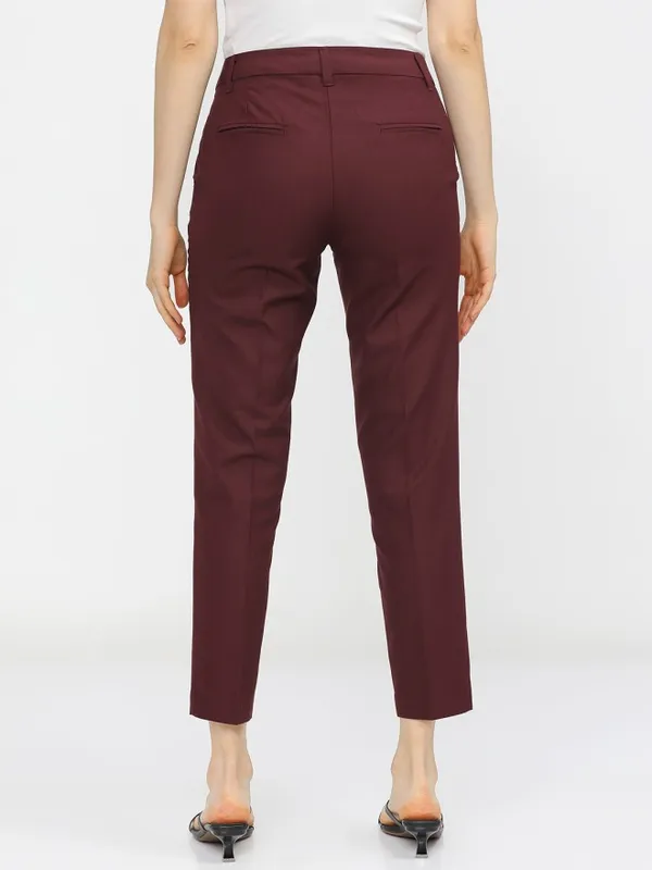 Tokyo Talkies Women Burgundy Solid Slim Fit Casual Trouser