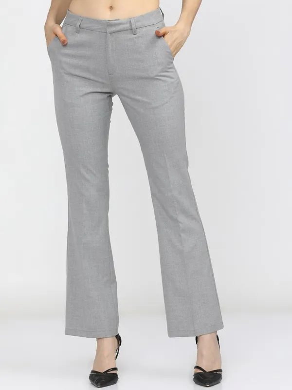 Tokyo Talkies Women Grey Solid Straight Fit Casual Trouser