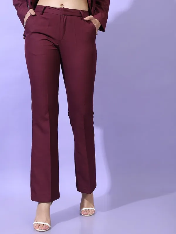 Tokyo Talkies Women Burgundy Solid Straight Fit Casual Trouser