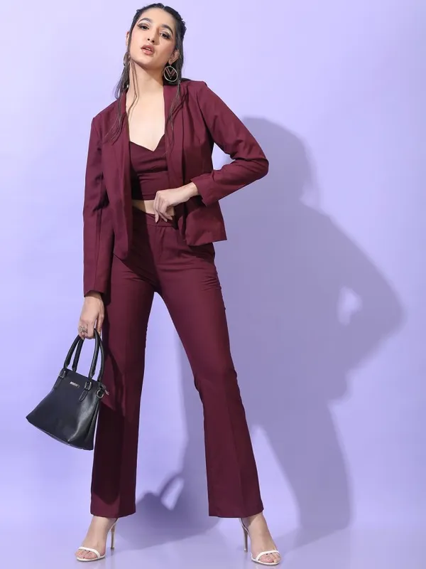 Tokyo Talkies Women Burgundy Solid Straight Fit Casual Trouser