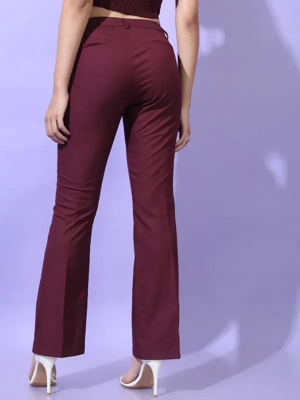 Tokyo Talkies Women Burgundy Solid Straight Fit Casual Trouser