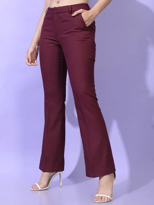 Tokyo Talkies Women Burgundy Solid Straight Fit Casual Trouser