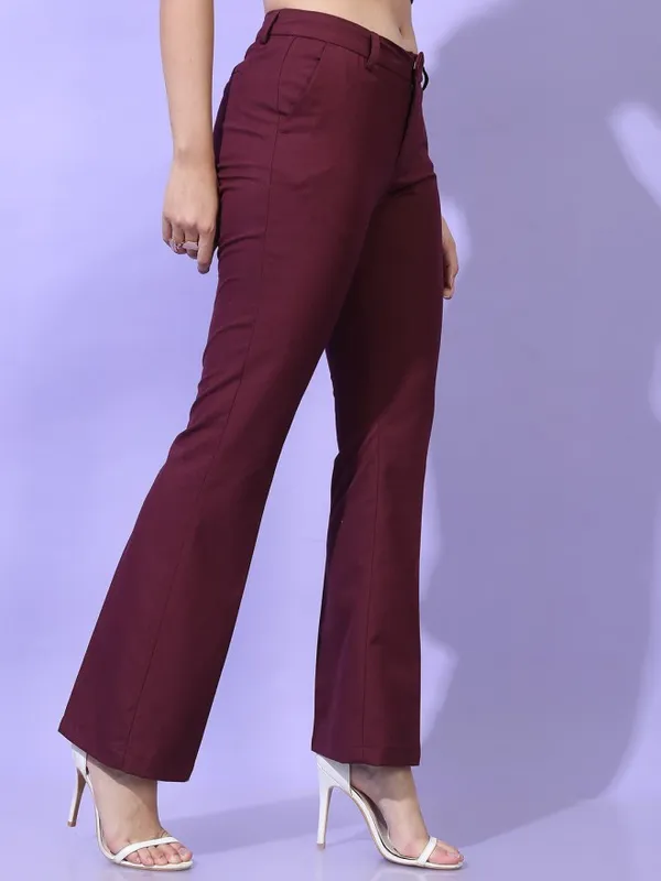 Tokyo Talkies Women Burgundy Solid Straight Fit Casual Trouser