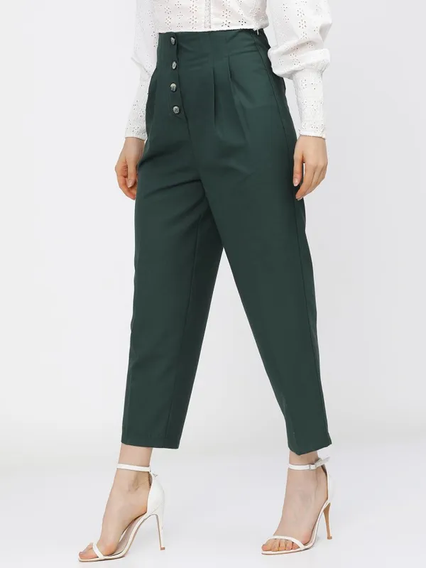 Tokyo Talkies Women Green Solid Regular Fit Casual Trouser
