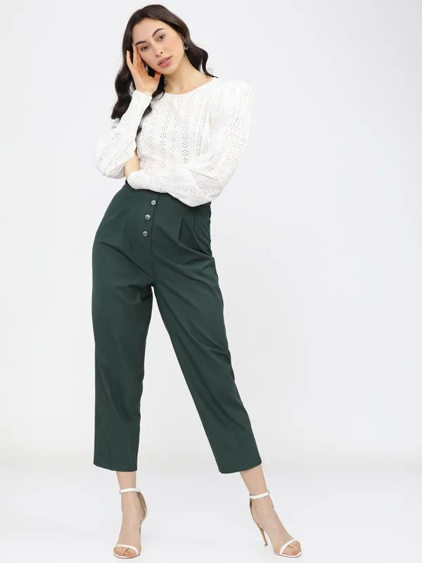 Tokyo Talkies Women Green Solid Regular Fit Casual Trouser
