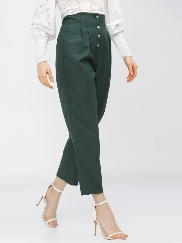 Tokyo Talkies Women Green Solid Regular Fit Casual Trouser