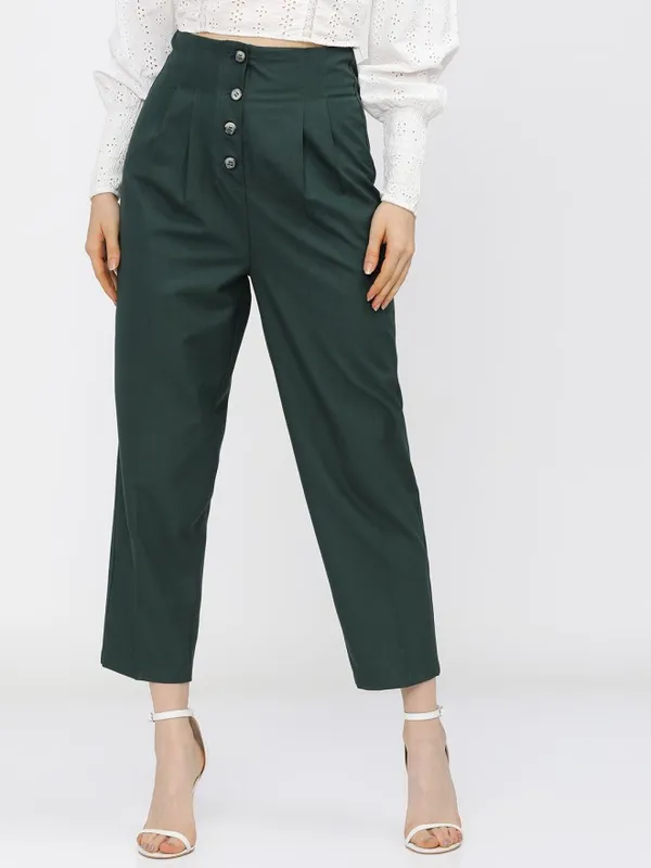 Tokyo Talkies Women Green Solid Regular Fit Casual Trouser