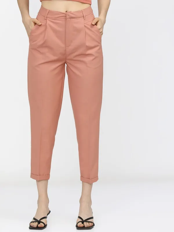 Tokyo Talkies Women Orange Solid Tapered Fit Casual Trouser