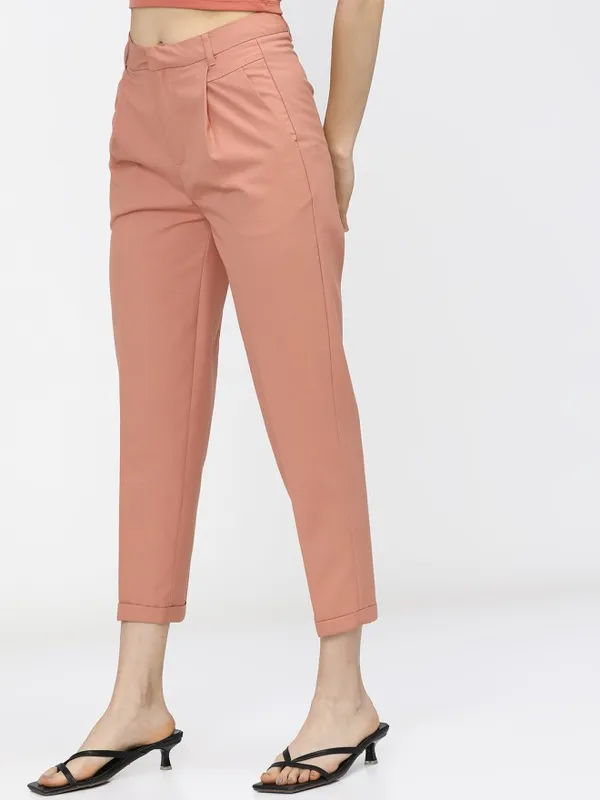 Tokyo Talkies Women Orange Solid Tapered Fit Casual Trouser