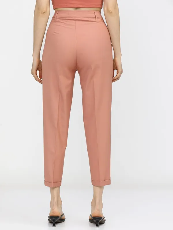 Tokyo Talkies Women Orange Solid Tapered Fit Casual Trouser