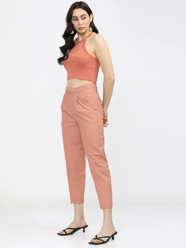 Tokyo Talkies Women Orange Solid Tapered Fit Casual Trouser