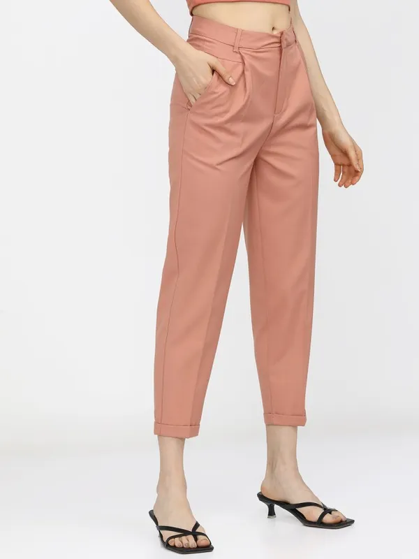 Tokyo Talkies Women Orange Solid Tapered Fit Casual Trouser