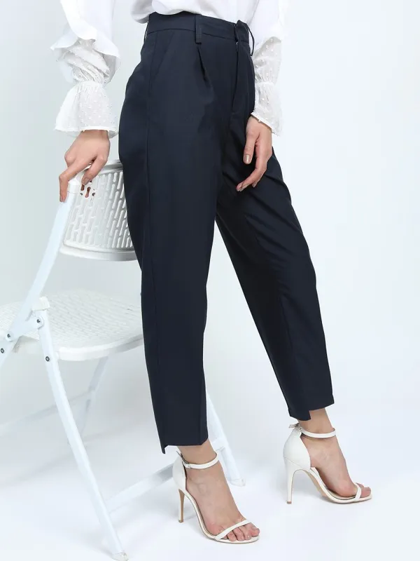 Tokyo Talkies Women Navy Blue Solid Tapered Fit Casual Trouser