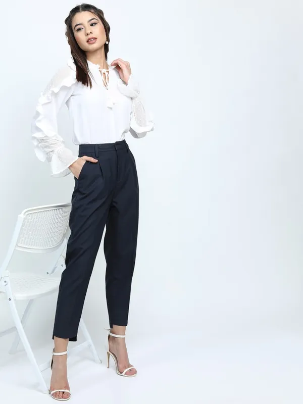 Tokyo Talkies Women Navy Blue Solid Tapered Fit Casual Trouser