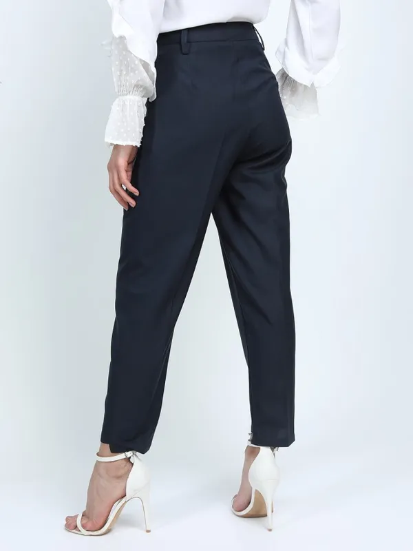 Tokyo Talkies Women Navy Blue Solid Tapered Fit Casual Trouser