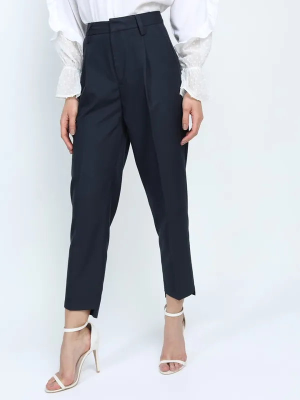 Tokyo Talkies Women Navy Blue Solid Tapered Fit Casual Trouser