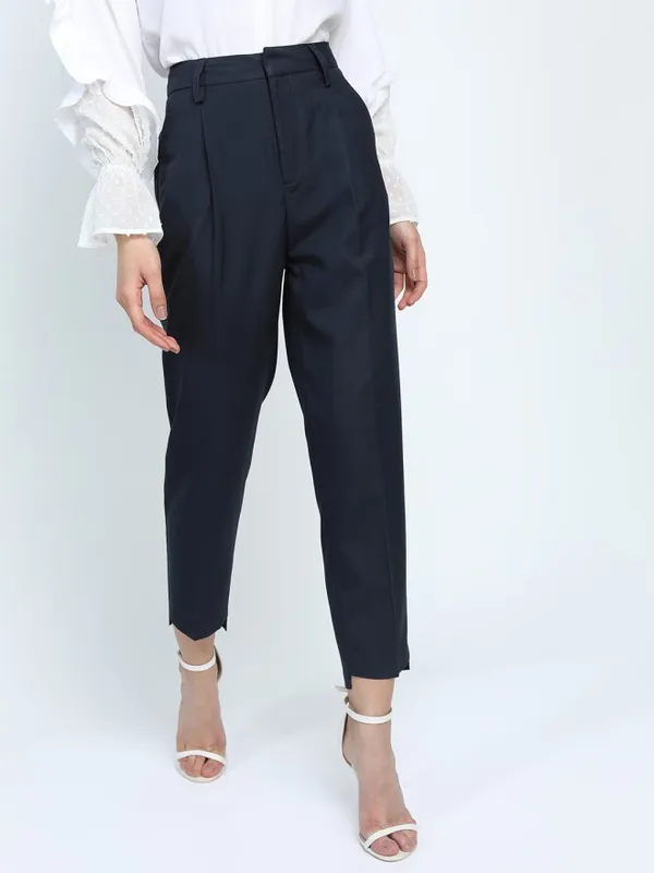 Tokyo Talkies Women Navy Blue Solid Tapered Fit Casual Trouser