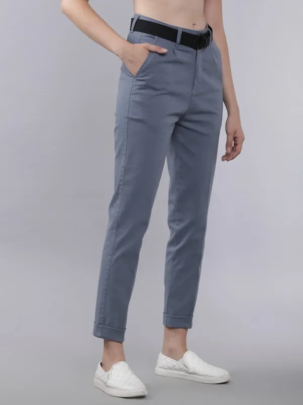 Tokyo Talkies Women Blue Solid Regular Fit Casual Trouser