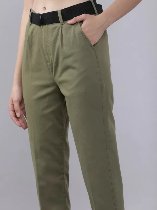 Tokyo Talkies Women Olive Solid Regular Fit Casual Trouser