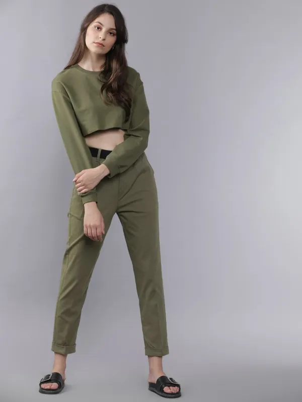 Tokyo Talkies Women Olive Solid Regular Fit Casual Trouser