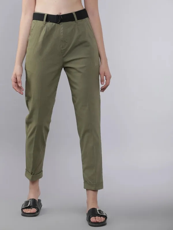 Tokyo Talkies Women Olive Solid Regular Fit Casual Trouser