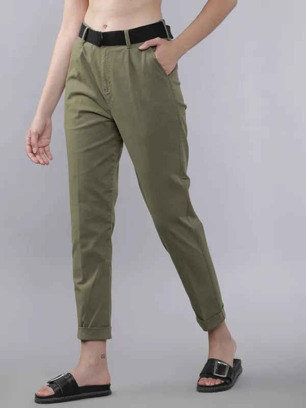 Tokyo Talkies Women Olive Solid Regular Fit Casual Trouser
