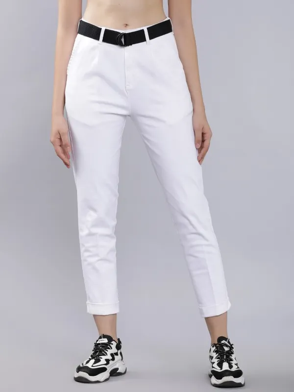 Tokyo Talkies Women White Solid Regular Fit Casual Trouser