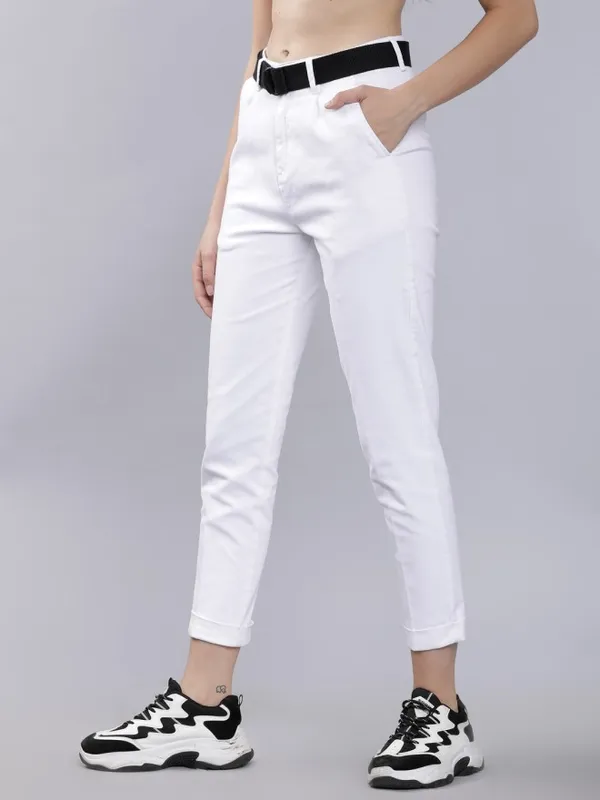 Tokyo Talkies Women White Solid Regular Fit Casual Trouser