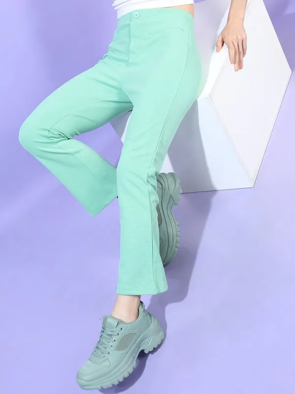 Tokyo Talkies Women Green Solid Flared Casual Trouser
