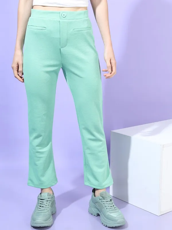 Tokyo Talkies Women Green Solid Flared Casual Trouser