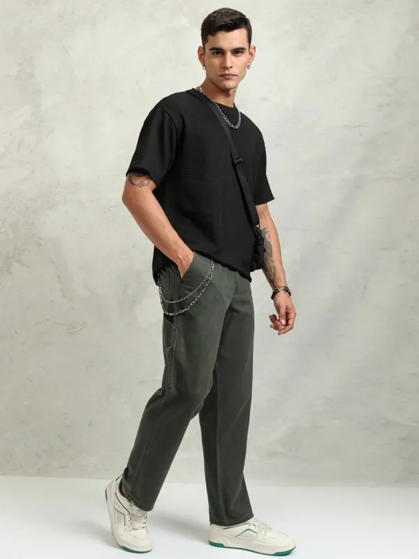 Highlander Men Black Self Design Relaxed Fit T-Shirt