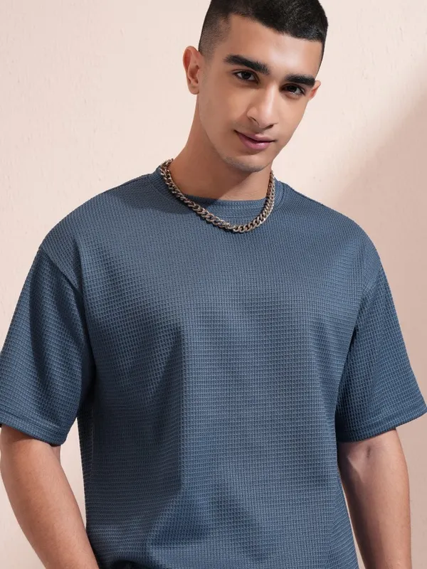 Highlander Men Blue Self Design Round Neck Relaxed Fit T-Shirt