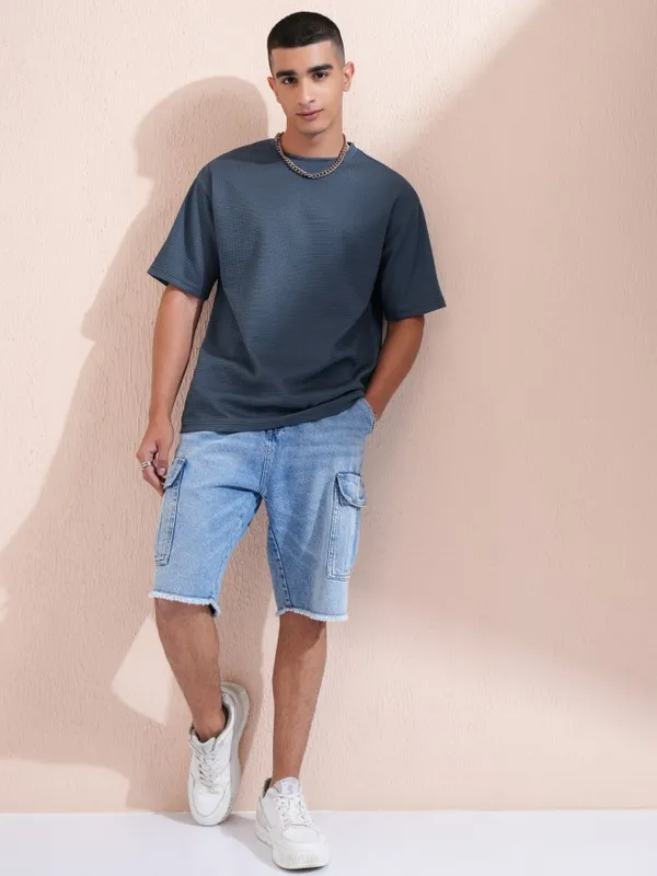 Highlander Men Blue Self Design Round Neck Relaxed Fit T-Shirt