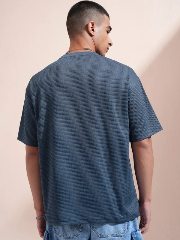 Highlander Men Blue Self Design Round Neck Relaxed Fit T-Shirt