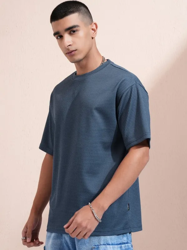 Highlander Men Blue Self Design Round Neck Relaxed Fit T-Shirt