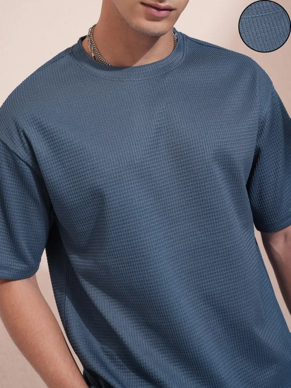 Highlander Men Blue Self Design Round Neck Relaxed Fit T-Shirt