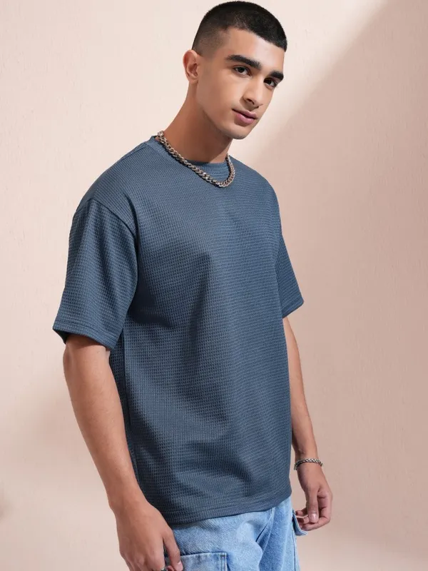 Highlander Men Blue Self Design Round Neck Relaxed Fit T-Shirt