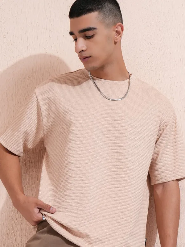Highlander Men Beige Self Design Round Neck Relaxed Fit T-Shirt
