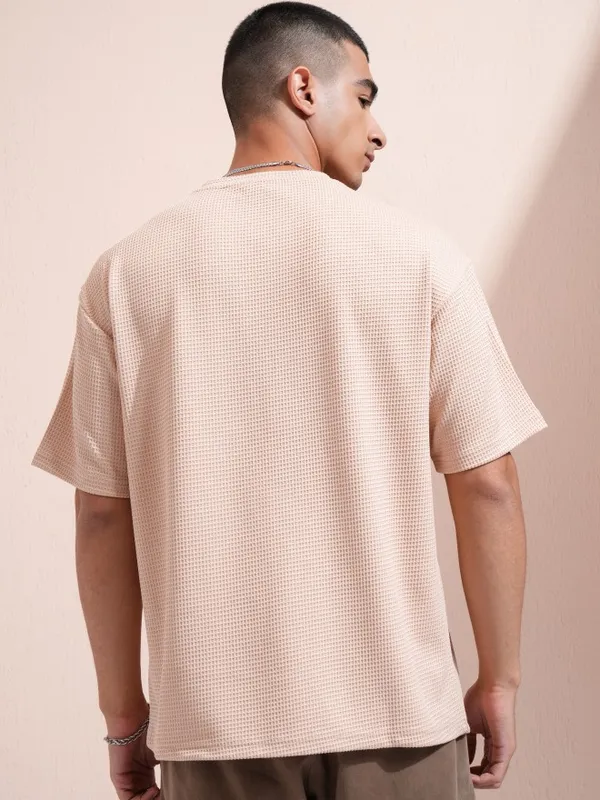 Highlander Men Beige Self Design Round Neck Relaxed Fit T-Shirt