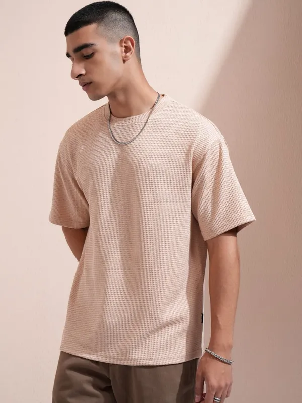 Highlander Men Beige Self Design Round Neck Relaxed Fit T-Shirt