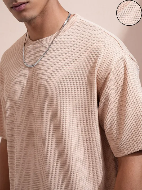 Highlander Men Beige Self Design Round Neck Relaxed Fit T-Shirt