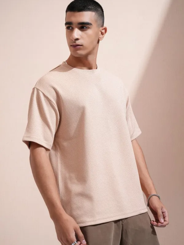 Highlander Men Beige Self Design Round Neck Relaxed Fit T-Shirt