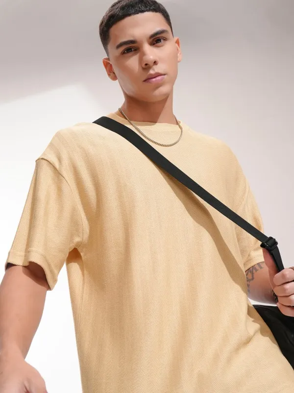 Highlander Men Beige Self Design Oversized Fit T-Shirt