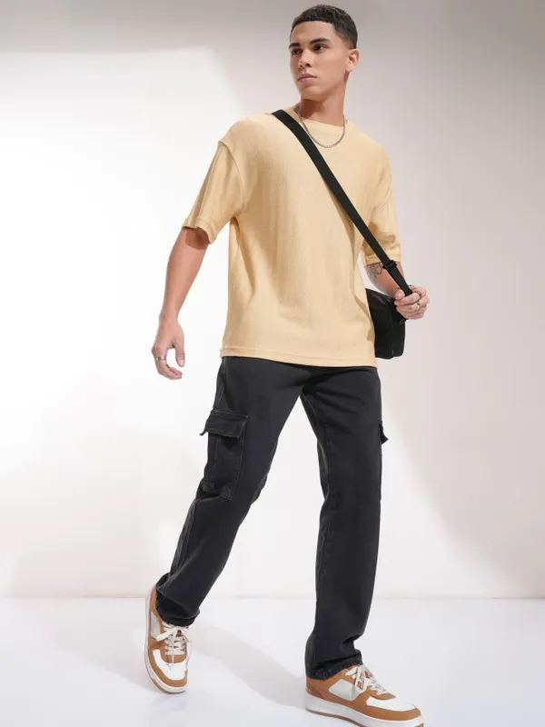 Highlander Men Beige Self Design Oversized Fit T-Shirt