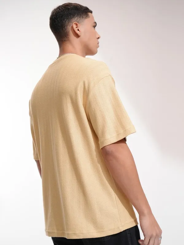 Highlander Men Beige Self Design Oversized Fit T-Shirt