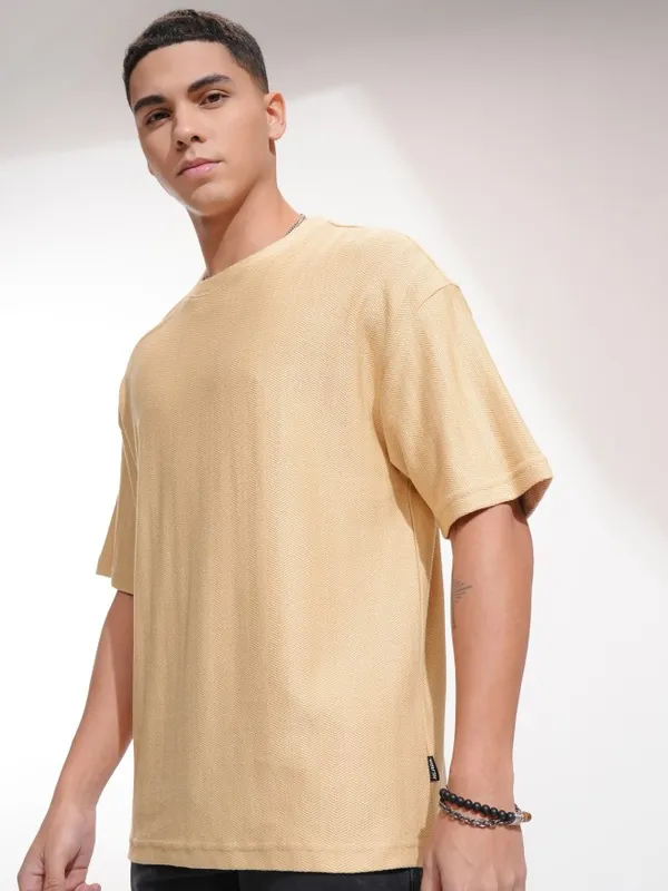 Highlander Men Beige Self Design Oversized Fit T-Shirt