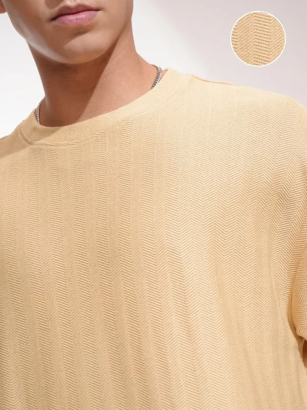 Highlander Men Beige Self Design Oversized Fit T-Shirt