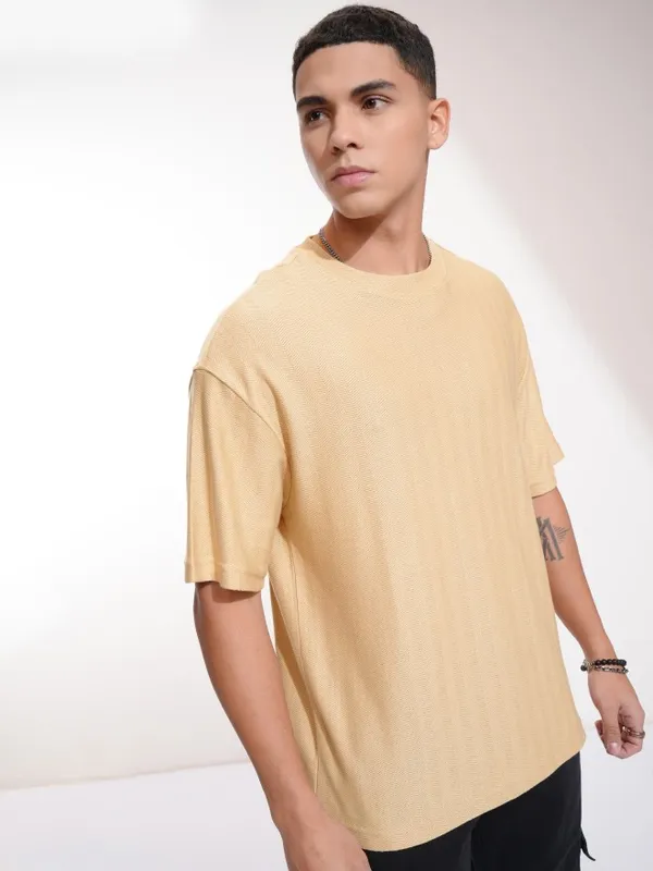 Highlander Men Beige Self Design Oversized Fit T-Shirt